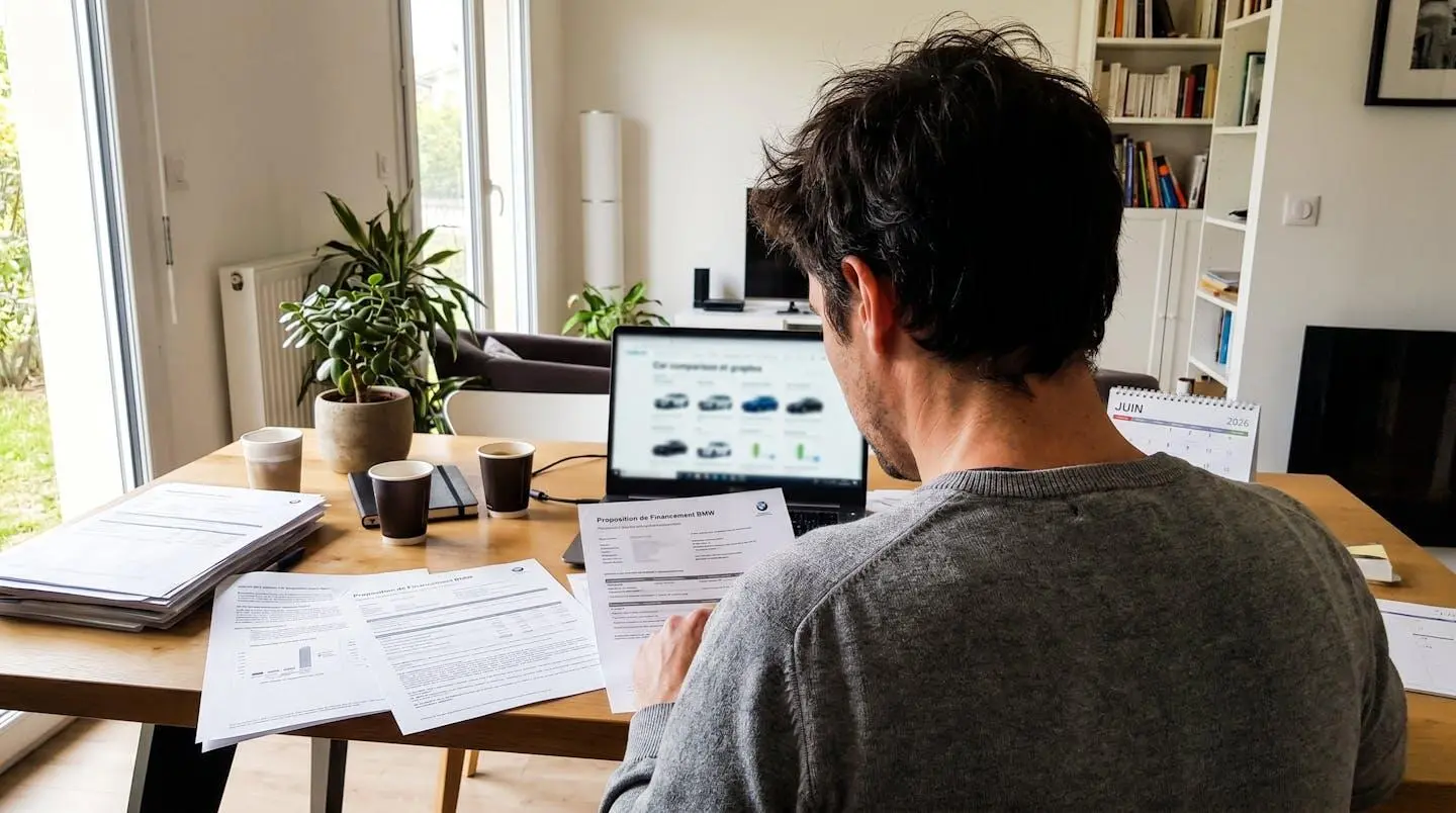 Une personne de dos examine des documents de financement automobile et des fiches techniques BMW sur un bureau contemporain, dans un environnement de télétravail naturellement éclairé