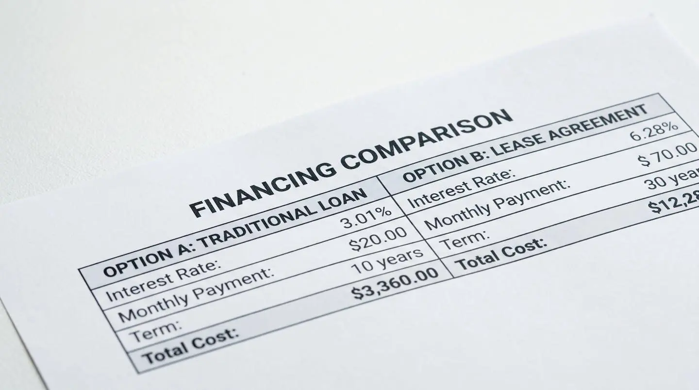Gros plan sur un document de comparaison financière présentant deux colonnes distinctes LOA et Achat avec montants de mensualités et durées d